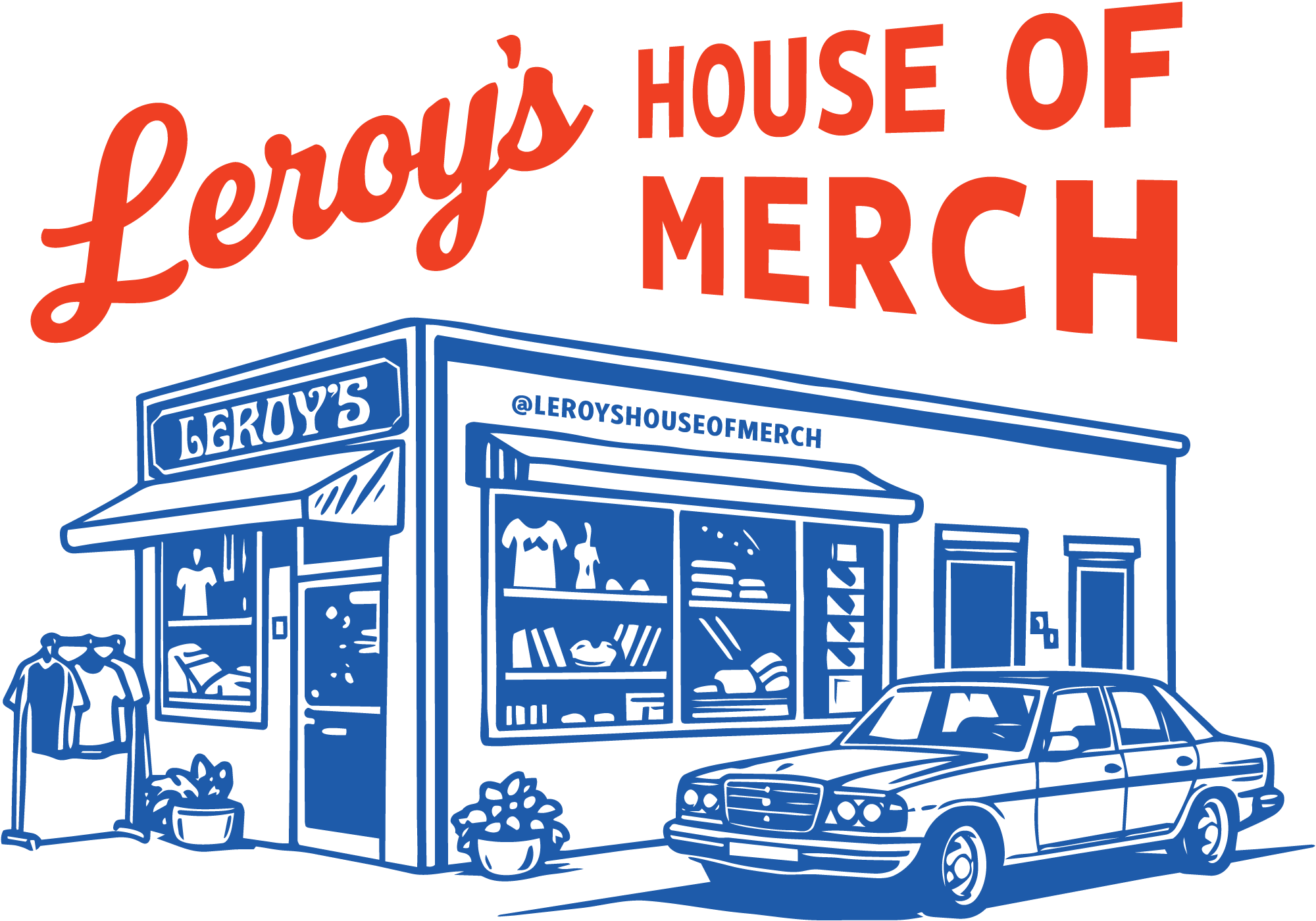 Leroy's House of Merch logo featuring a small business shop and an old Mercedes-Benz with the company title at the top
